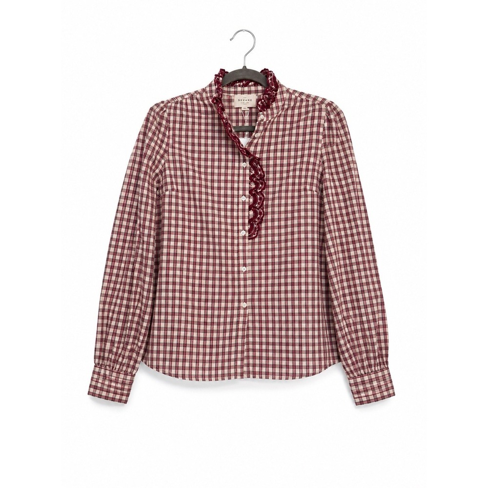 Sézane Chloé Blouse Size 34 US 2 Pink Green Plaid Carreaux Rose Vert Ruffle NWT
